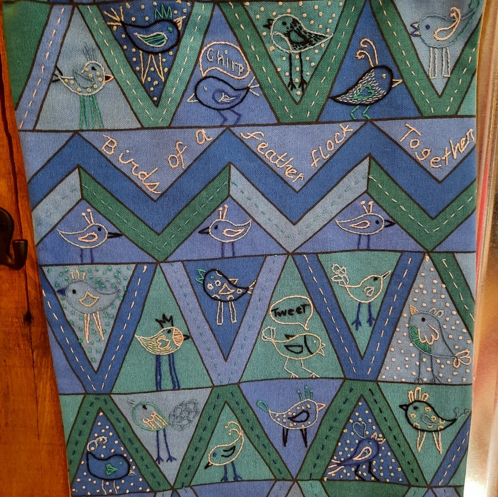 Original hand-embroidered bird quote wall hanging blue birdies